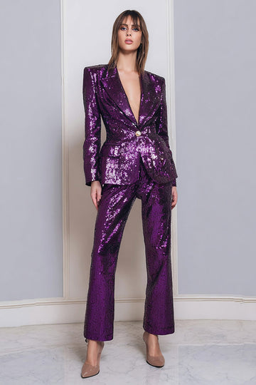 2 pièces paillettes violet foncé scintillant femmes bal costumes avec manches